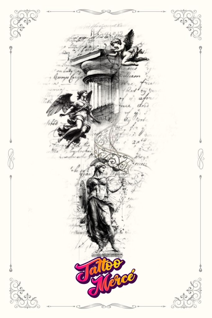 Classical-inspired tattoo design featuring angels statues and architectural elements in a black-and-white artistic style