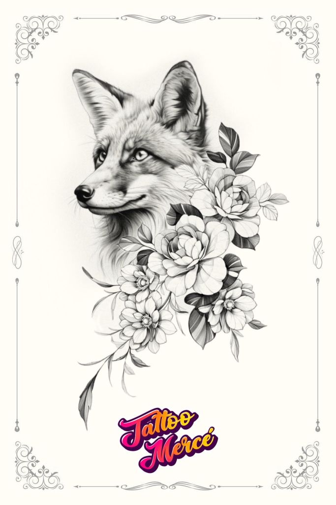 Detailed tattoo design of a fox's head paired with blooming flowers, rendered in black and white line art
