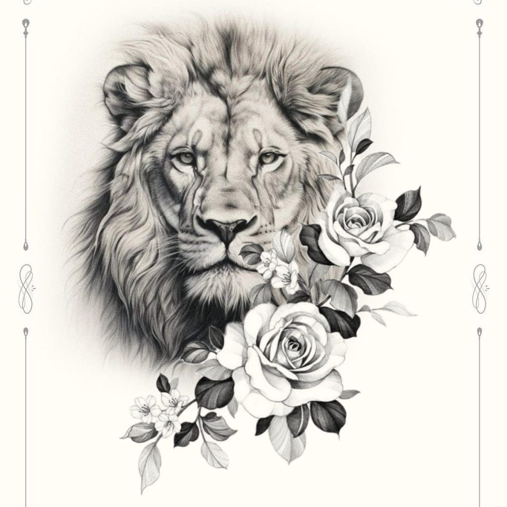 Elegant tattoo design of a lion's head surrounded by detailed roses and floral elements, drawn in black and white