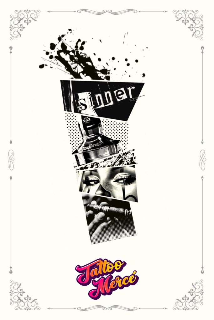 Abstract tattoo design featuring the word 'Sinner' with splatter effects, vintage graphics and bold black and white elements