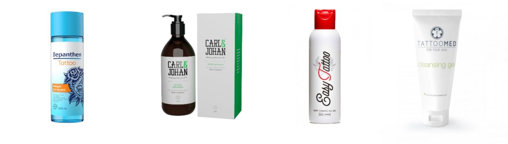 Range of tattoo aftercare and cleansing products, featuring Bepanthen Tattoo Gel, Carl & Johan Tattoo Bodymilk, Easy Tattoo Cleansing Gel, and Tattoomed Cleansing Gel.