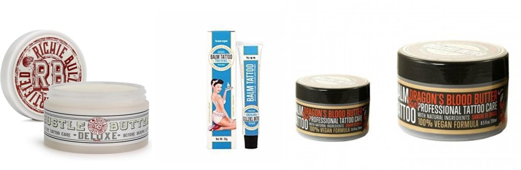 Various tattoo aftercare products, including Hustle Butter Deluxe, Balm Tattoo Dragon's Blood Butter, and other professional tattoo care balms displayed side by side.